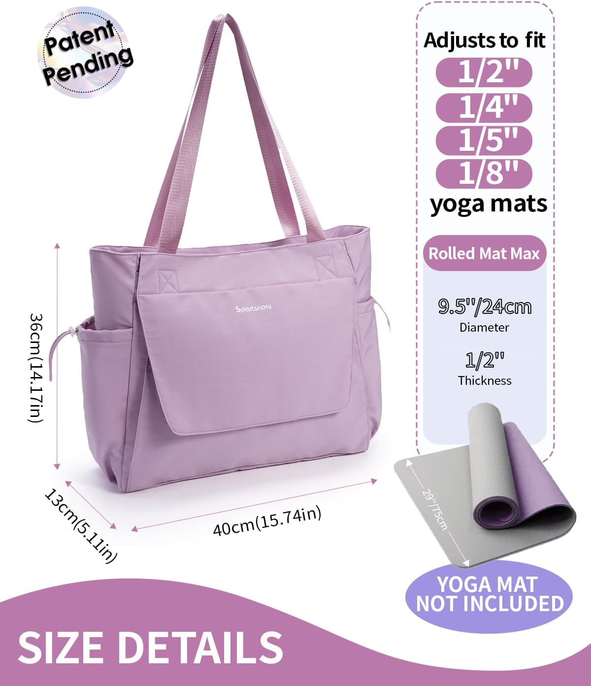 sportsnew 瑜伽垫包手提包瑜伽健身包男女防水湿口袋和钩环,快速取用存储瑜伽垫包