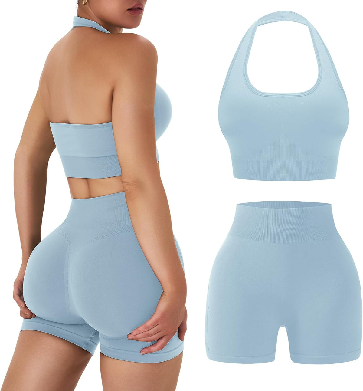 OLCHEE 女士健身套装 2 件套露背挂脖运动胸罩高腰提臀短裤瑜伽健身服休闲运动服