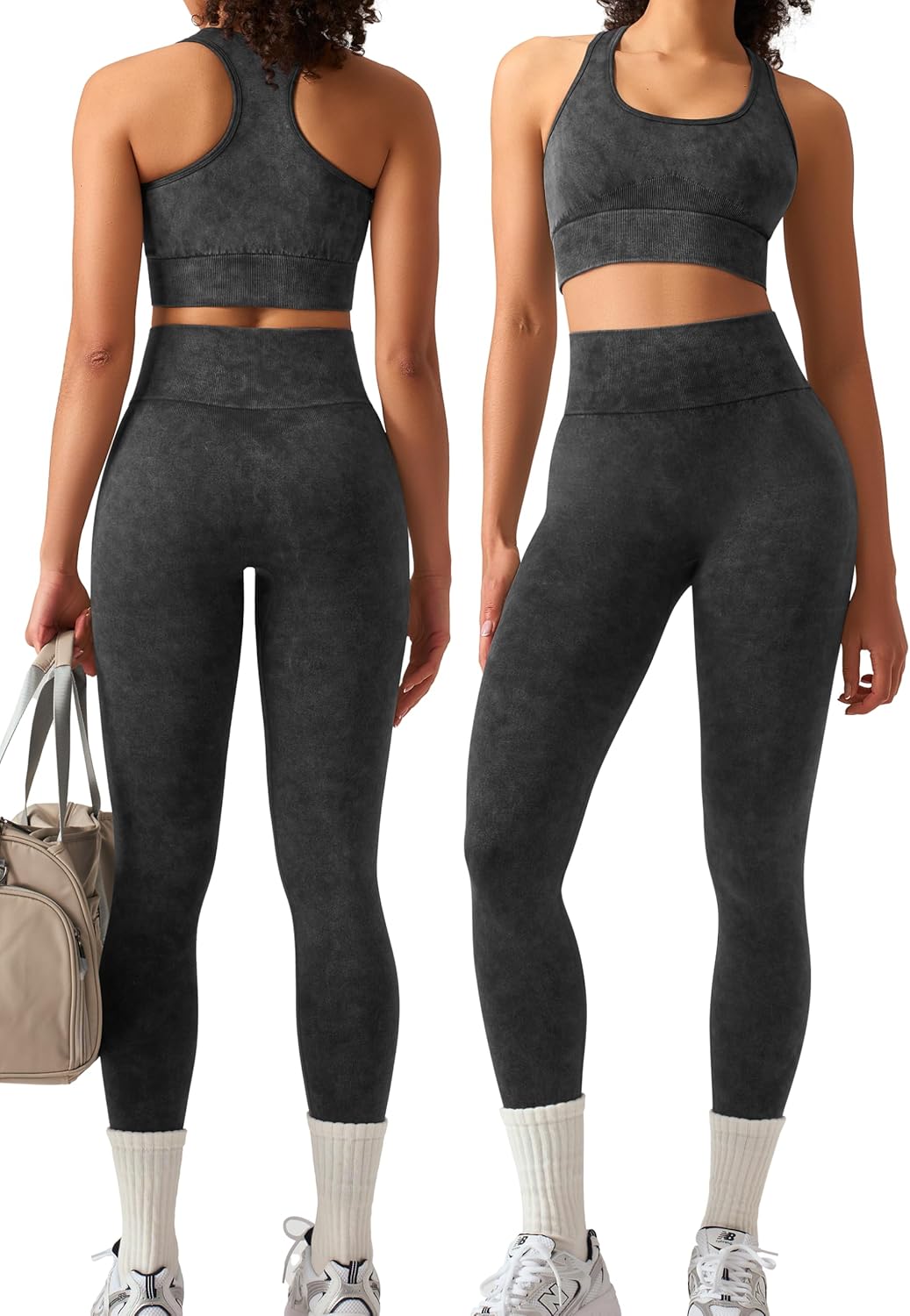 OLCHEE 女式锻炼套装 2 件套 - 酸洗无缝瑜伽服高腰打底裤加垫工字背心运动文胸健身房套装