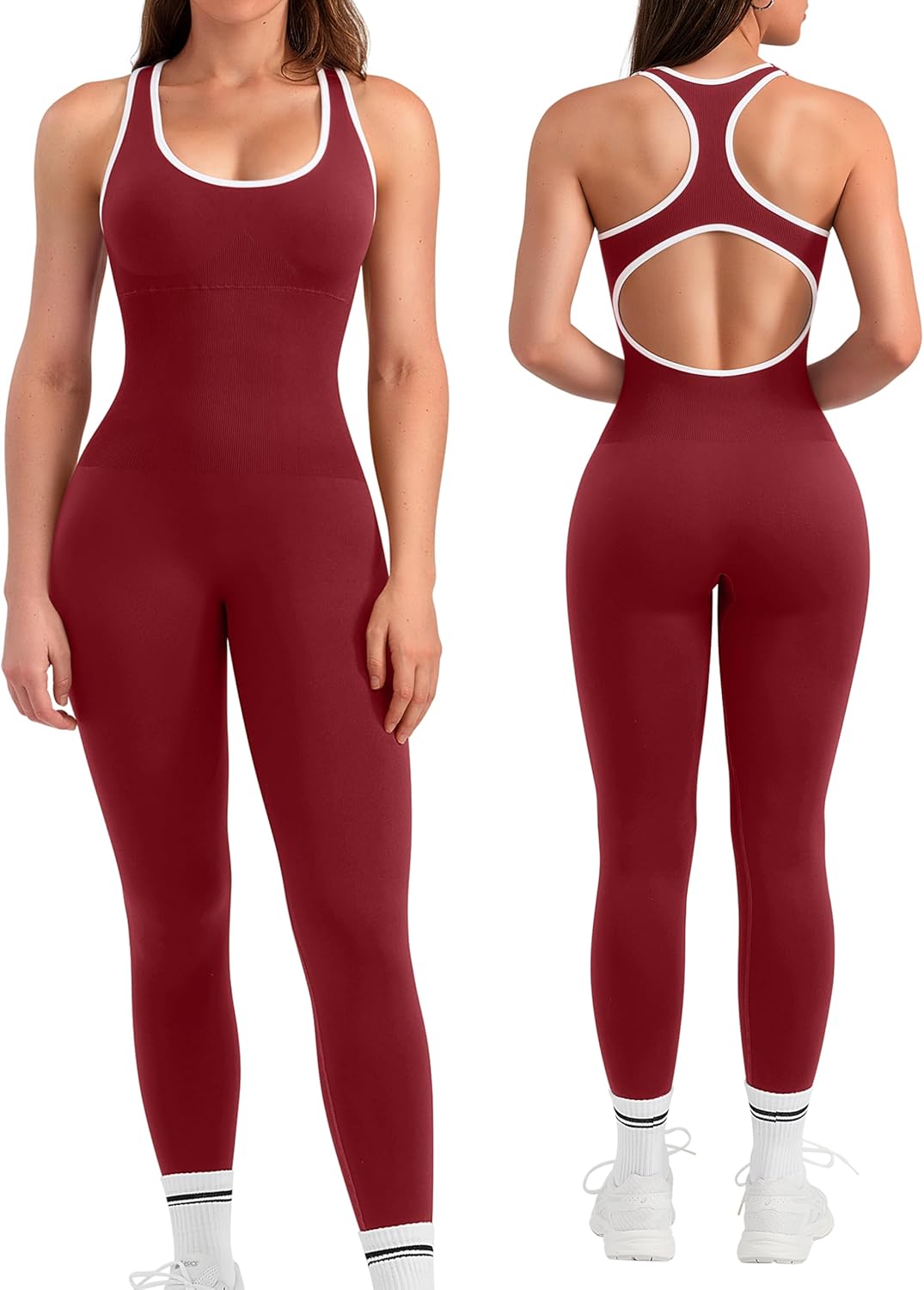 OLCHEE 女式健身连身裤无缝瑜伽健身房紧身连衫裤性感工字背心收腹加垫文胸