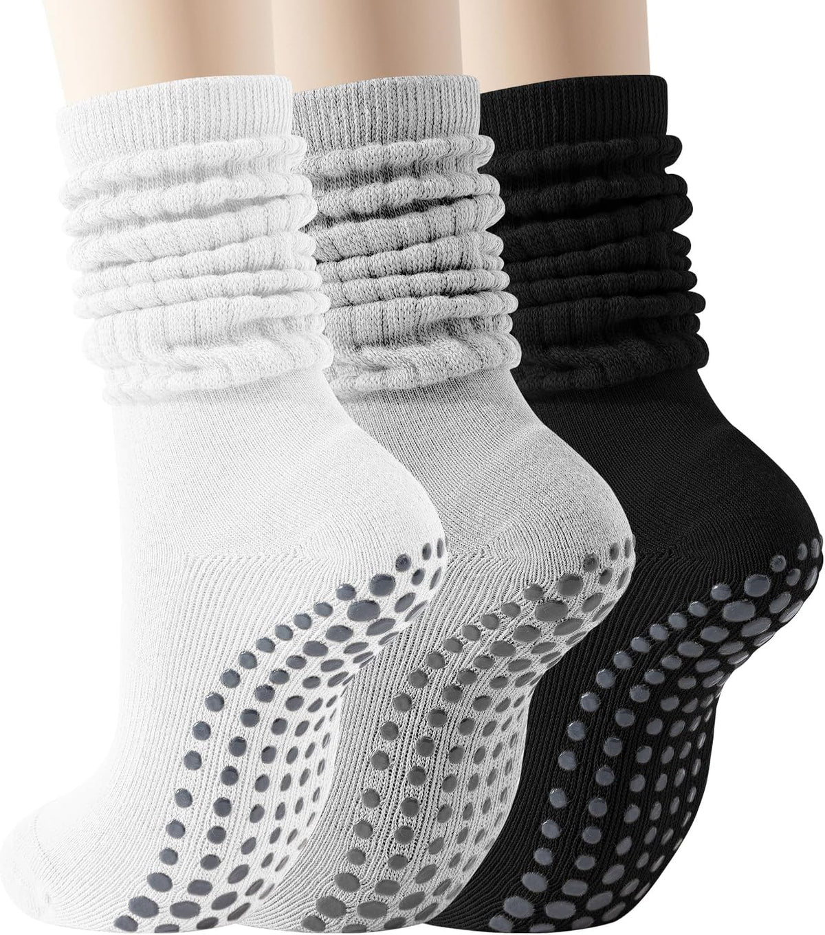 Pilates Socks with Grips for Women, 3 Pairs Long Scrunch Non Slip Yoga Barre Workout Slouch Socks