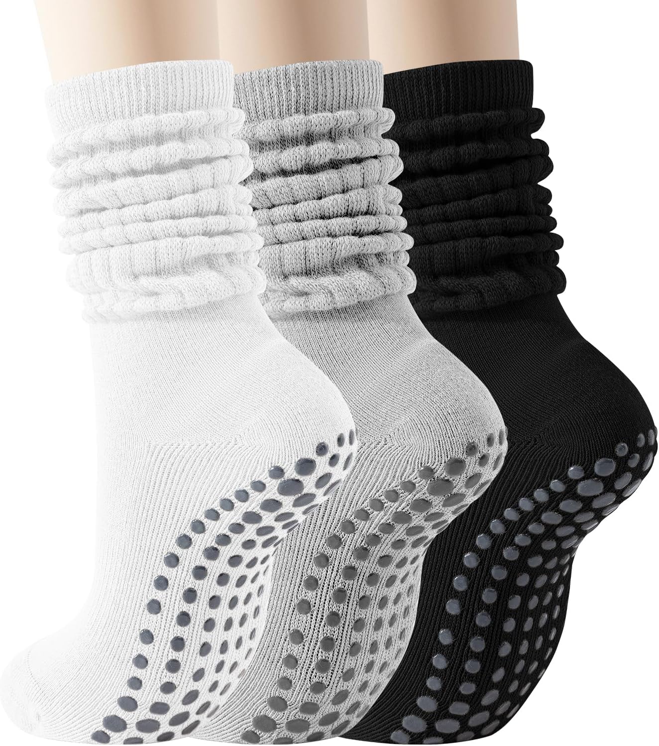 Pilates Socks with Grips for Women, 3 Pairs Long Scrunch Non Slip Yoga Barre Workout Slouch Socks