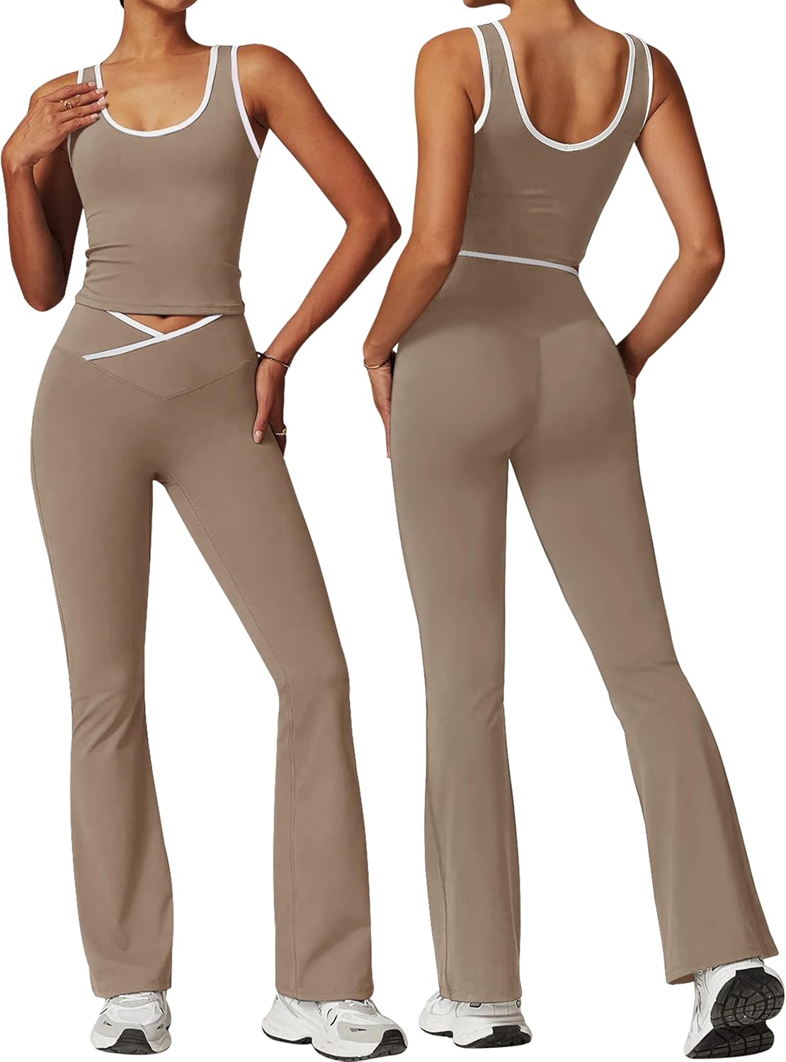 OLCHEE 女式锻炼套装 2 件套健身房瑜伽服装交叉喇叭打底裤露脐背心带撞色饰边