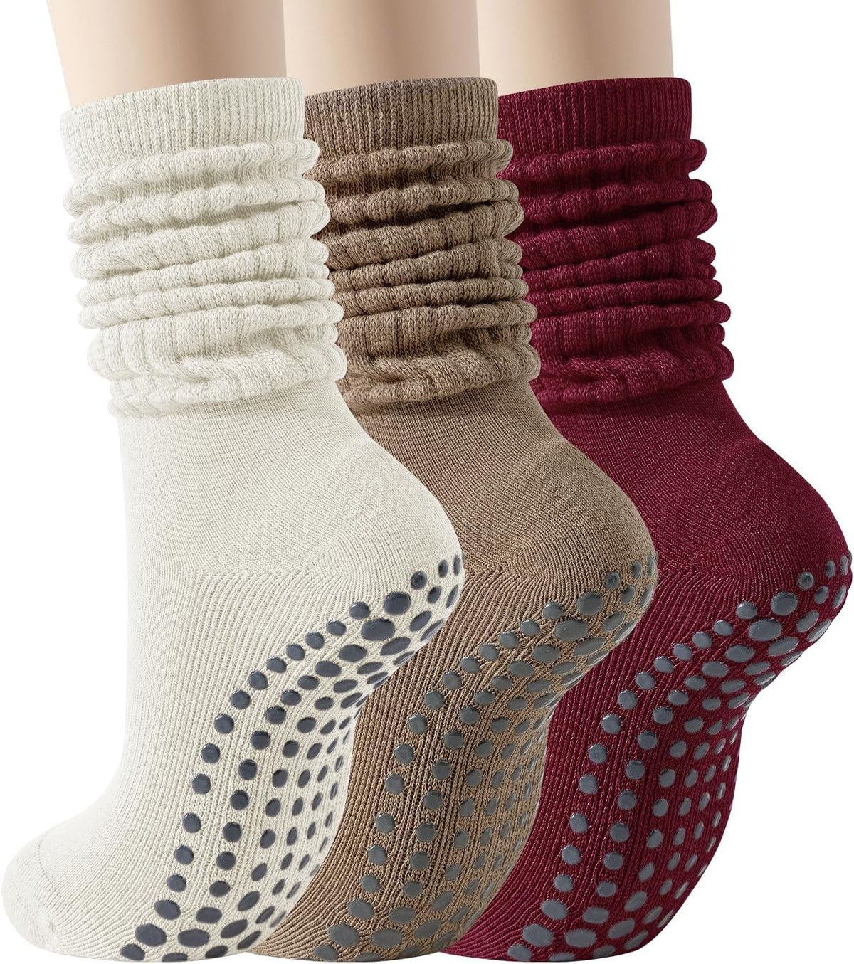 Pilates Socks with Grips for Women, 3 Pairs Long Scrunch Non Slip Yoga Barre Workout Slouch Socks