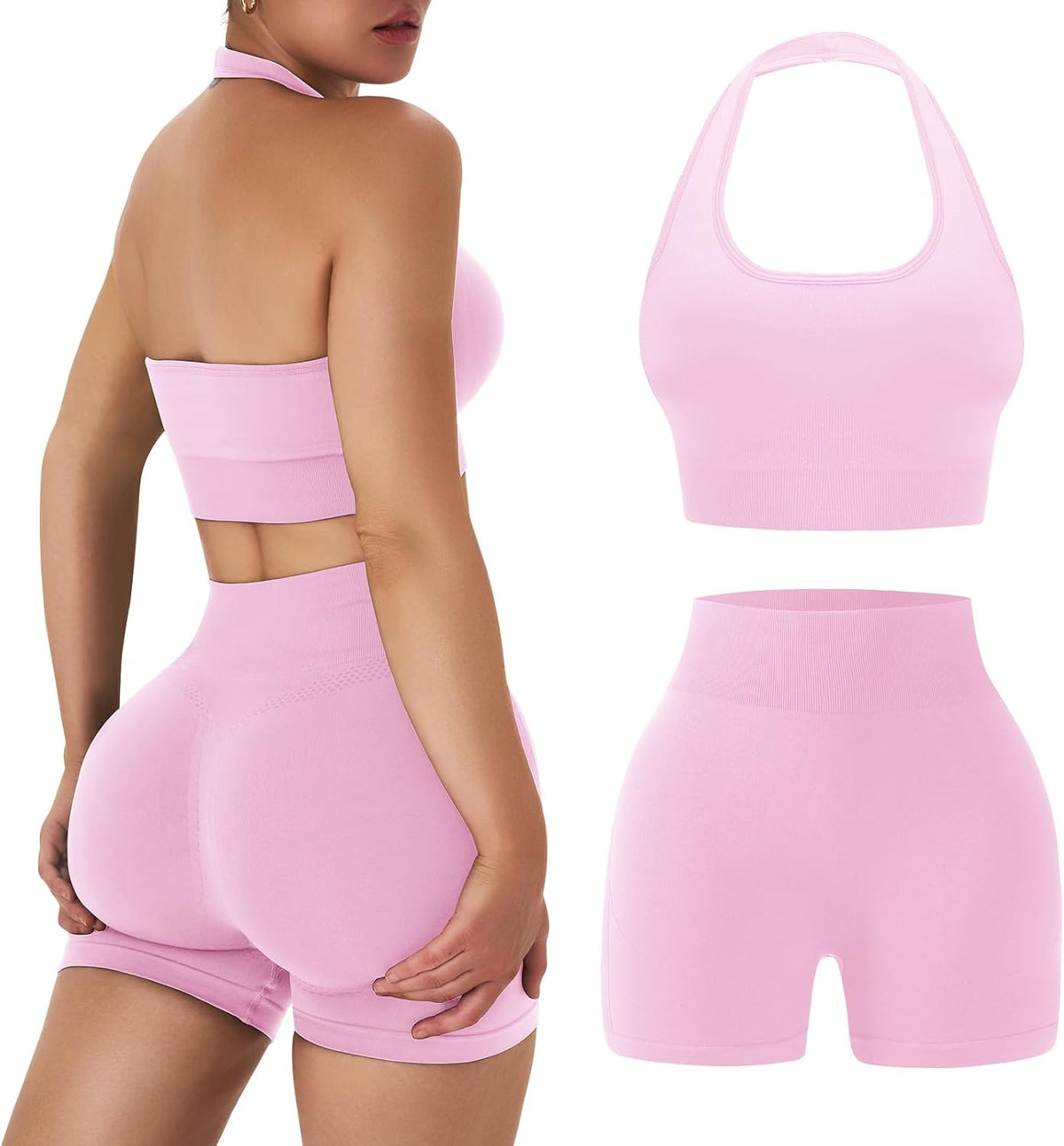 OLCHEE 女士健身套装 2 件套露背挂脖运动胸罩高腰提臀短裤瑜伽健身服休闲运动服