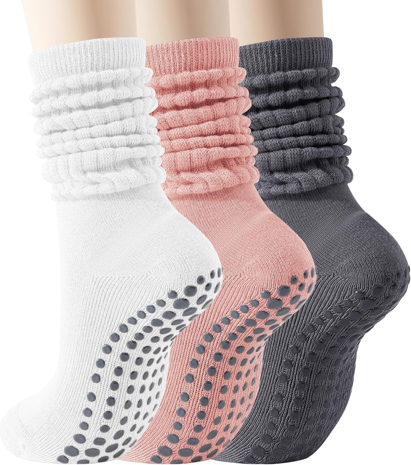Pilates Socks with Grips for Women, 3 Pairs Long Scrunch Non Slip Yoga Barre Workout Slouch Socks