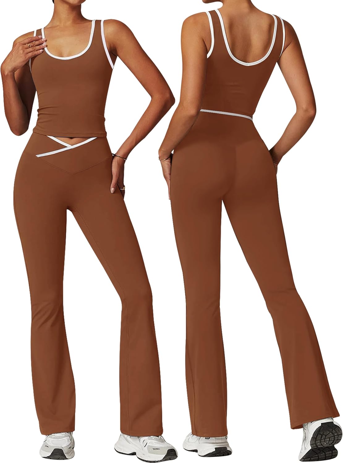 OLCHEE 女式锻炼套装 2 件套健身房瑜伽服装交叉喇叭打底裤露脐背心带撞色饰边