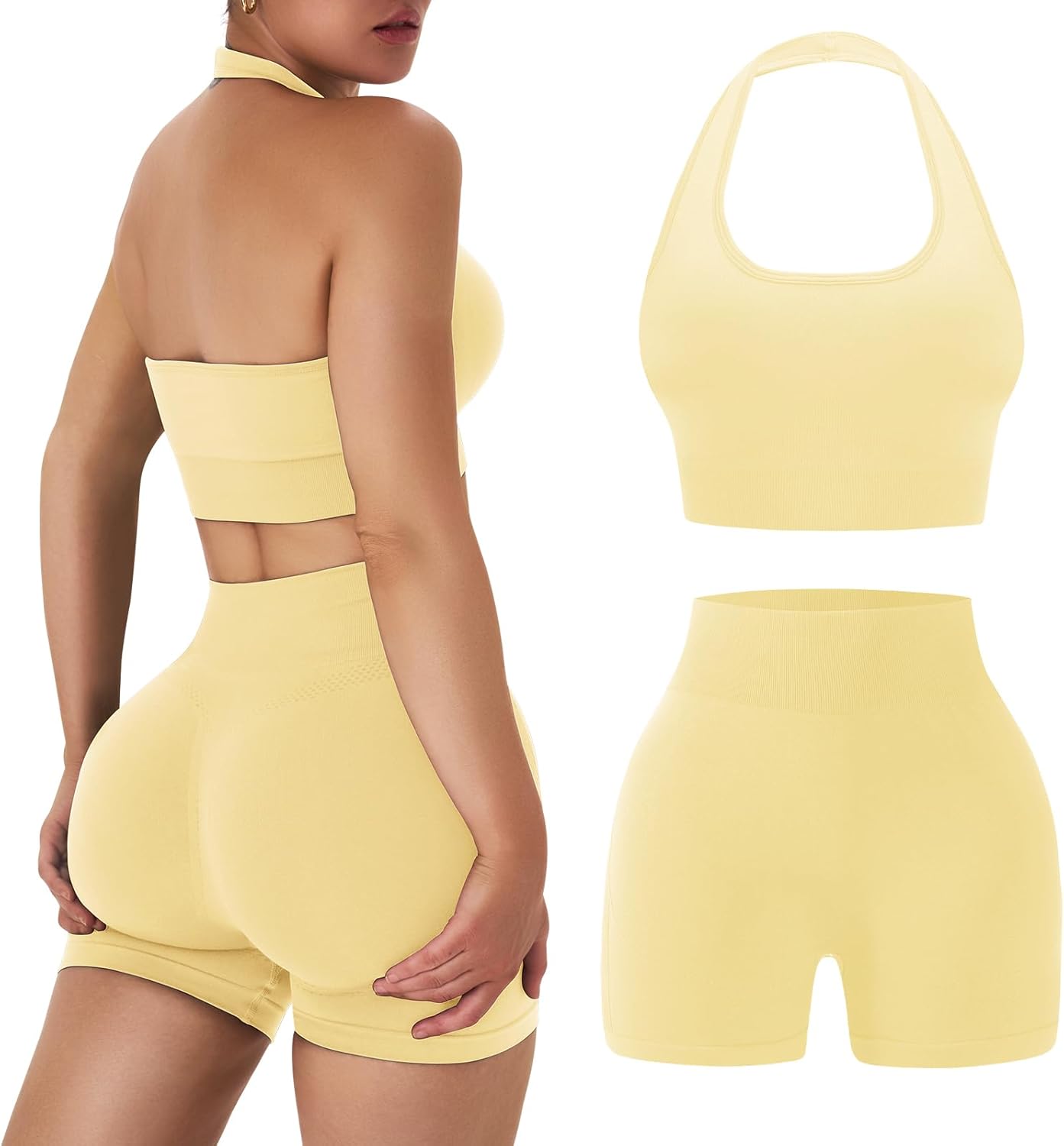 OLCHEE 女士健身套装 2 件套露背挂脖运动胸罩高腰提臀短裤瑜伽健身服休闲运动服