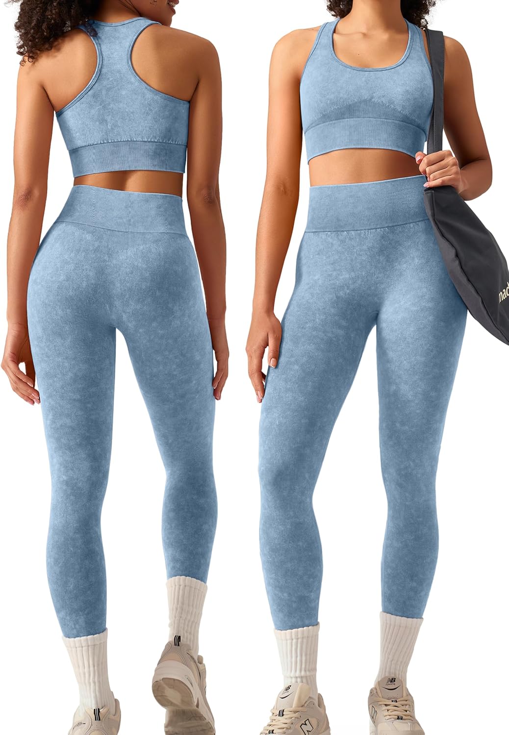 OLCHEE 女式锻炼套装 2 件套 - 酸洗无缝瑜伽服高腰打底裤加垫工字背心运动文胸健身房套装
