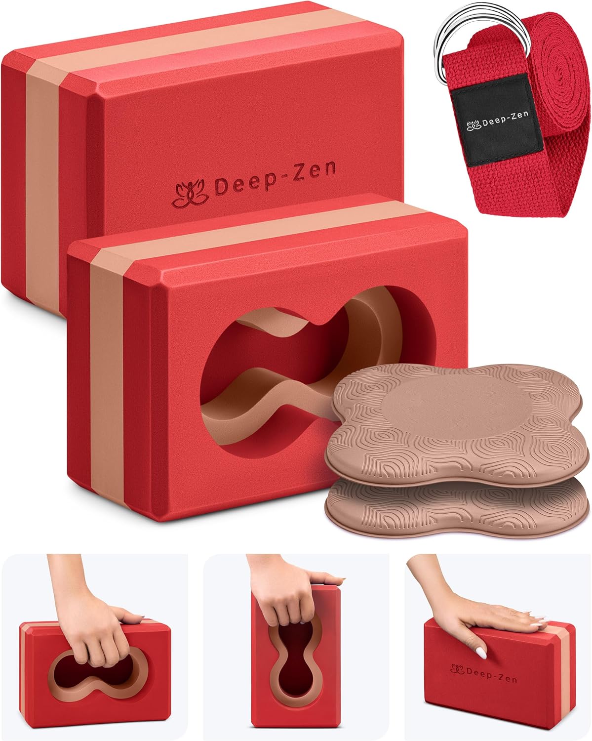 Deep-Zen® 瑜伽砖手腕支撑;瑜伽块 2 件装,带护膝和带子,减轻手腕重量;耐用、多功能瑜伽砖锻炼块套装,阻止瑜伽