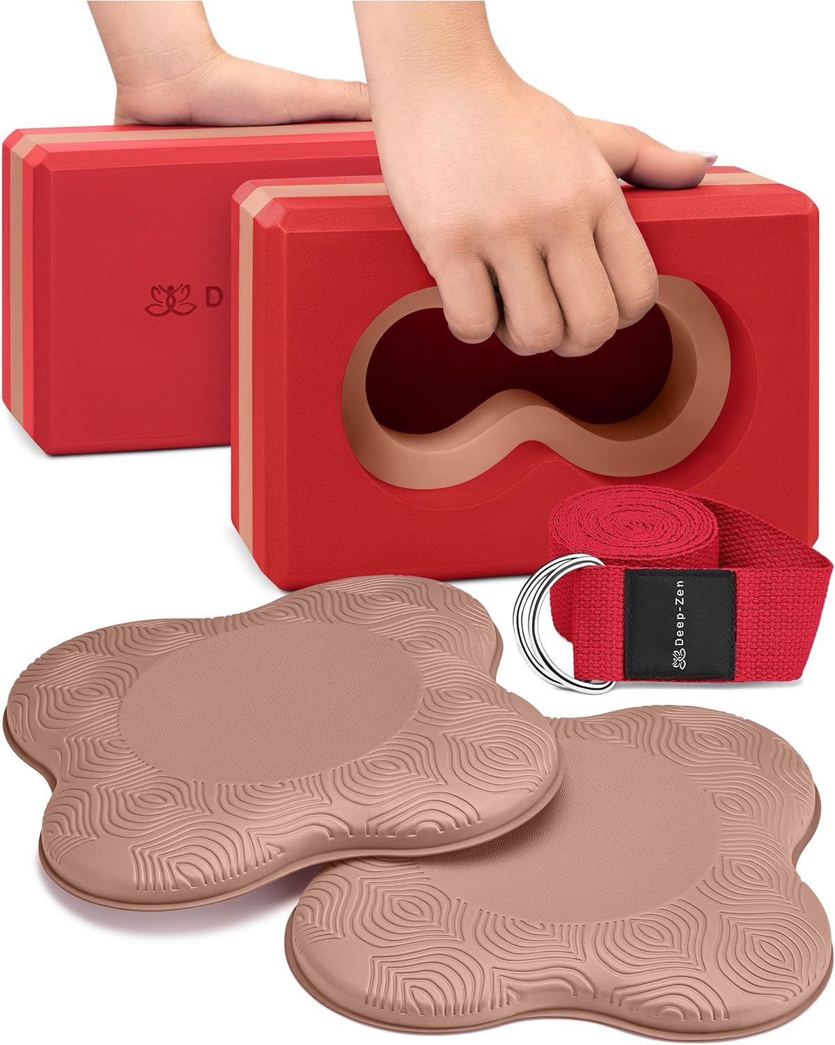 Deep-Zen® 瑜伽砖手腕支撑;瑜伽块 2 件装,带护膝和带子,减轻手腕重量;耐用、多功能瑜伽砖锻炼块套装,阻止瑜伽