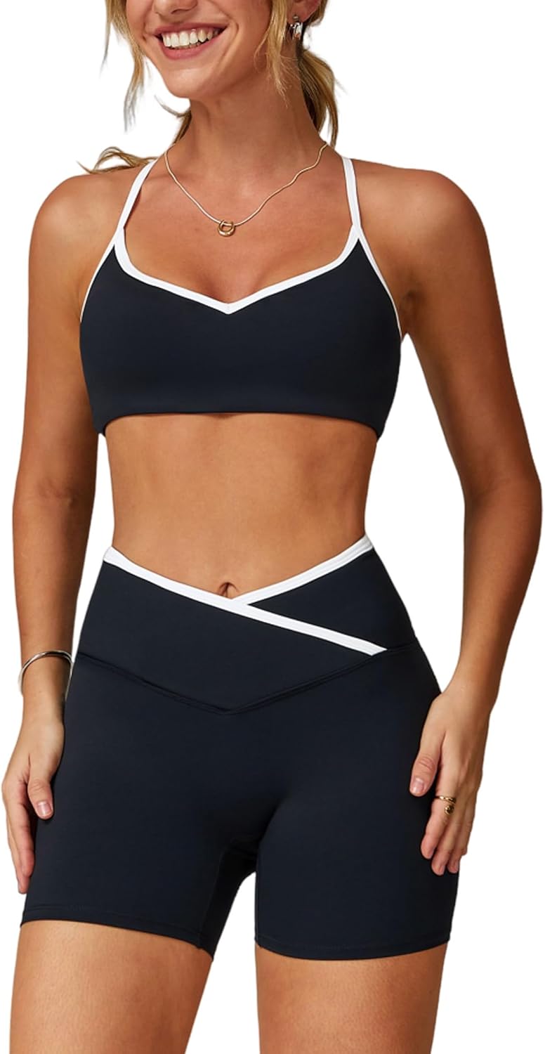 两件套女式锻炼套装拼色运动文胸和提臀短裤健身房瑜伽运动服装