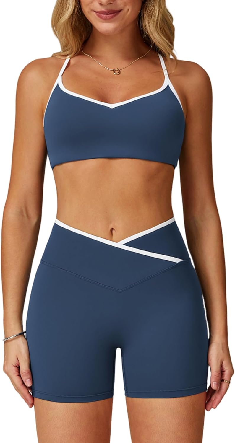 两件套女式锻炼套装拼色运动文胸和提臀短裤健身房瑜伽运动服装