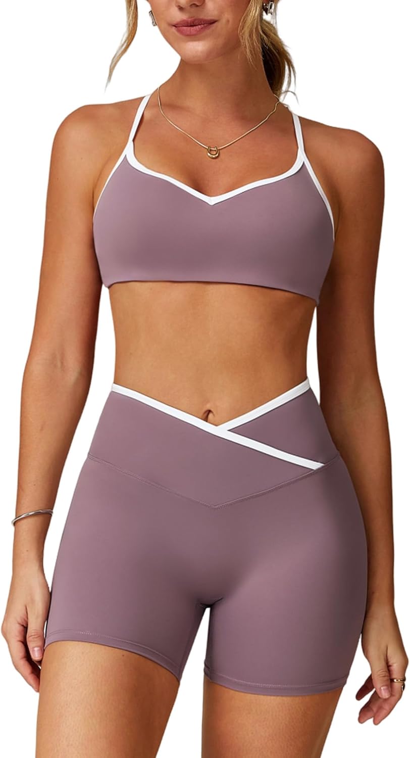 两件套女式锻炼套装拼色运动文胸和提臀短裤健身房瑜伽运动服装