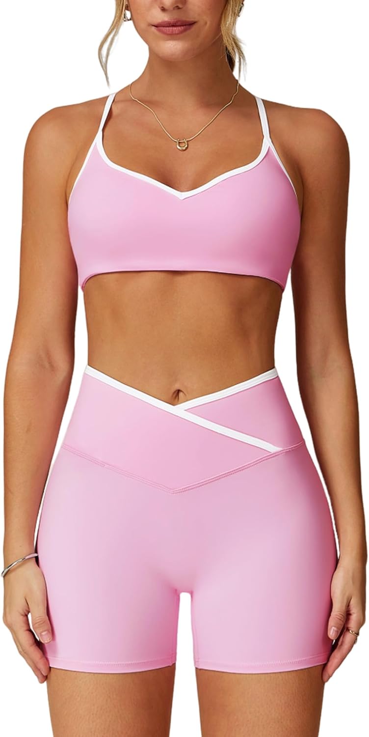 两件套女式锻炼套装拼色运动文胸和提臀短裤健身房瑜伽运动服装