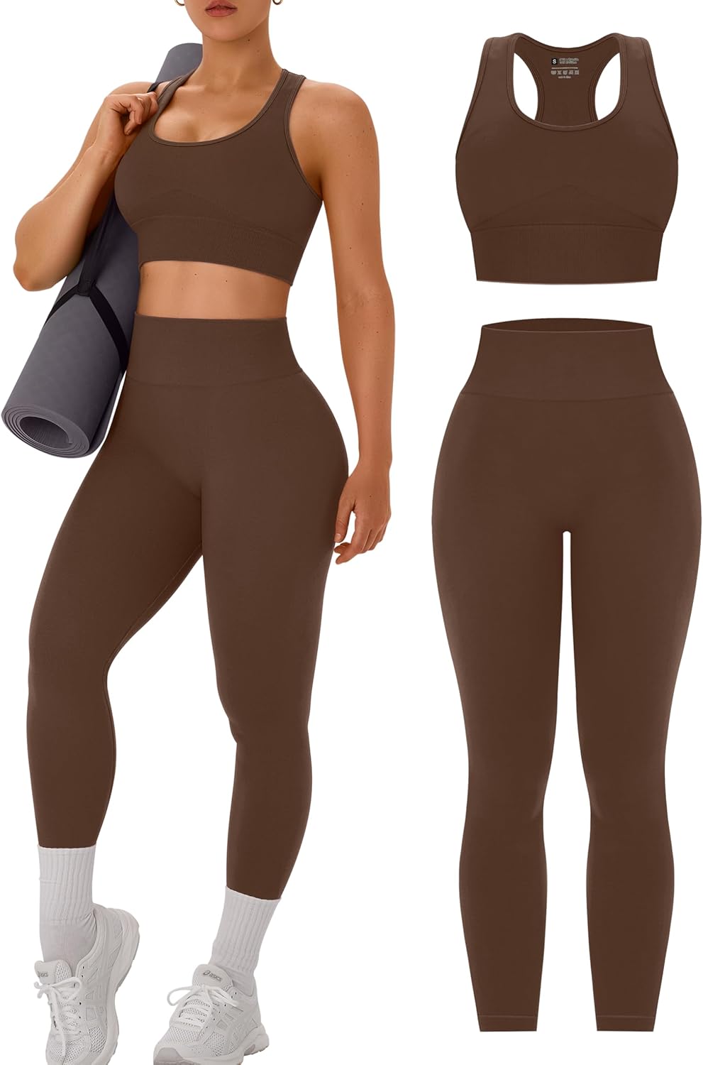 OLCHEE 女式锻炼套装 2 件套 - 酸洗无缝瑜伽服高腰打底裤加垫工字背心运动文胸健身房套装