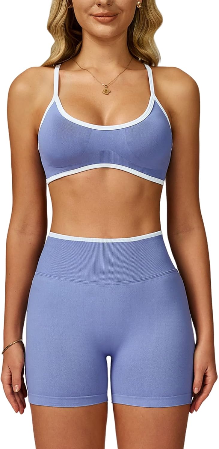 两件套女式锻炼套装拼色运动文胸和提臀短裤健身房瑜伽运动服装