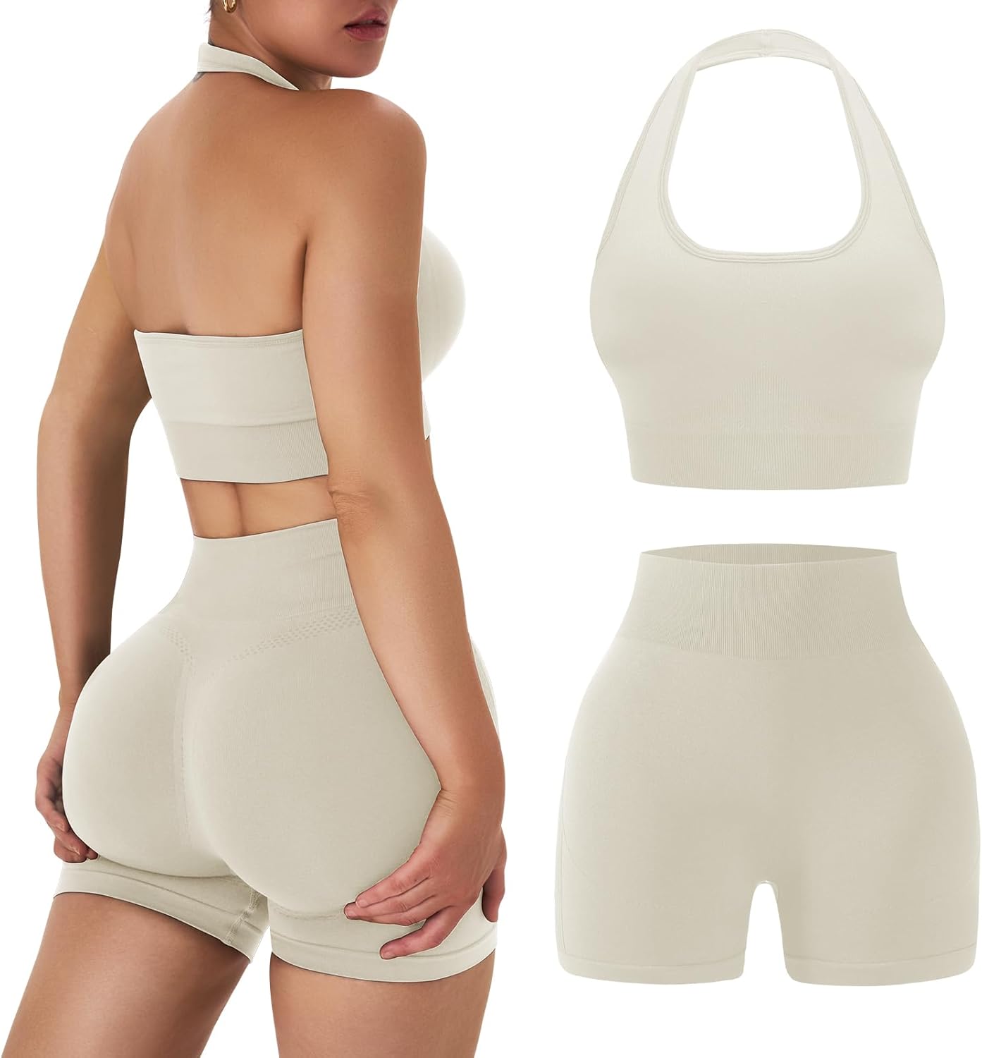 OLCHEE 女士健身套装 2 件套露背挂脖运动胸罩高腰提臀短裤瑜伽健身服休闲运动服
