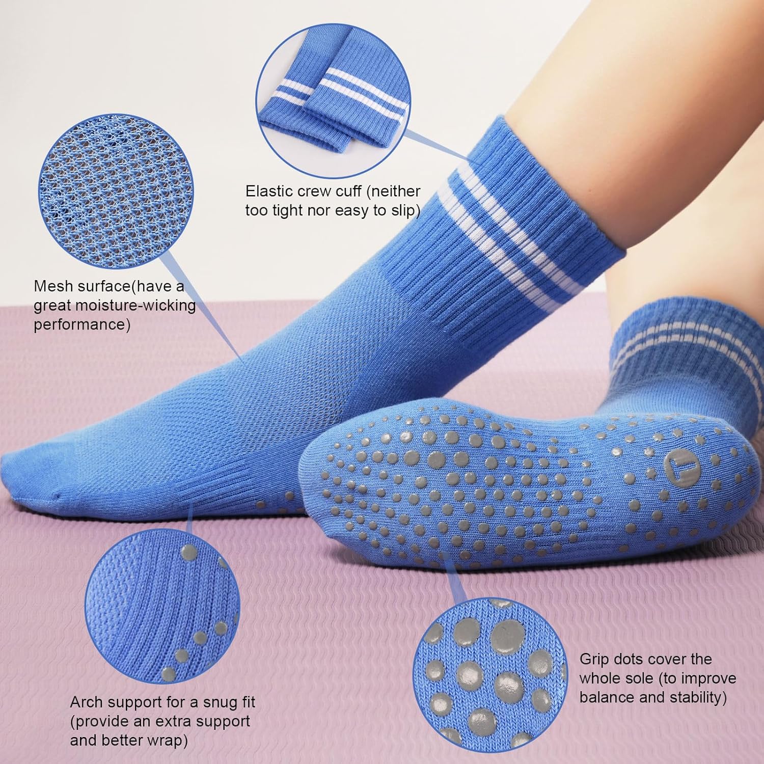 Toes Home 女式普拉提袜带防滑抓手,瑜伽船员袜适用于巴雷医院粘性拖鞋袜 4 双装