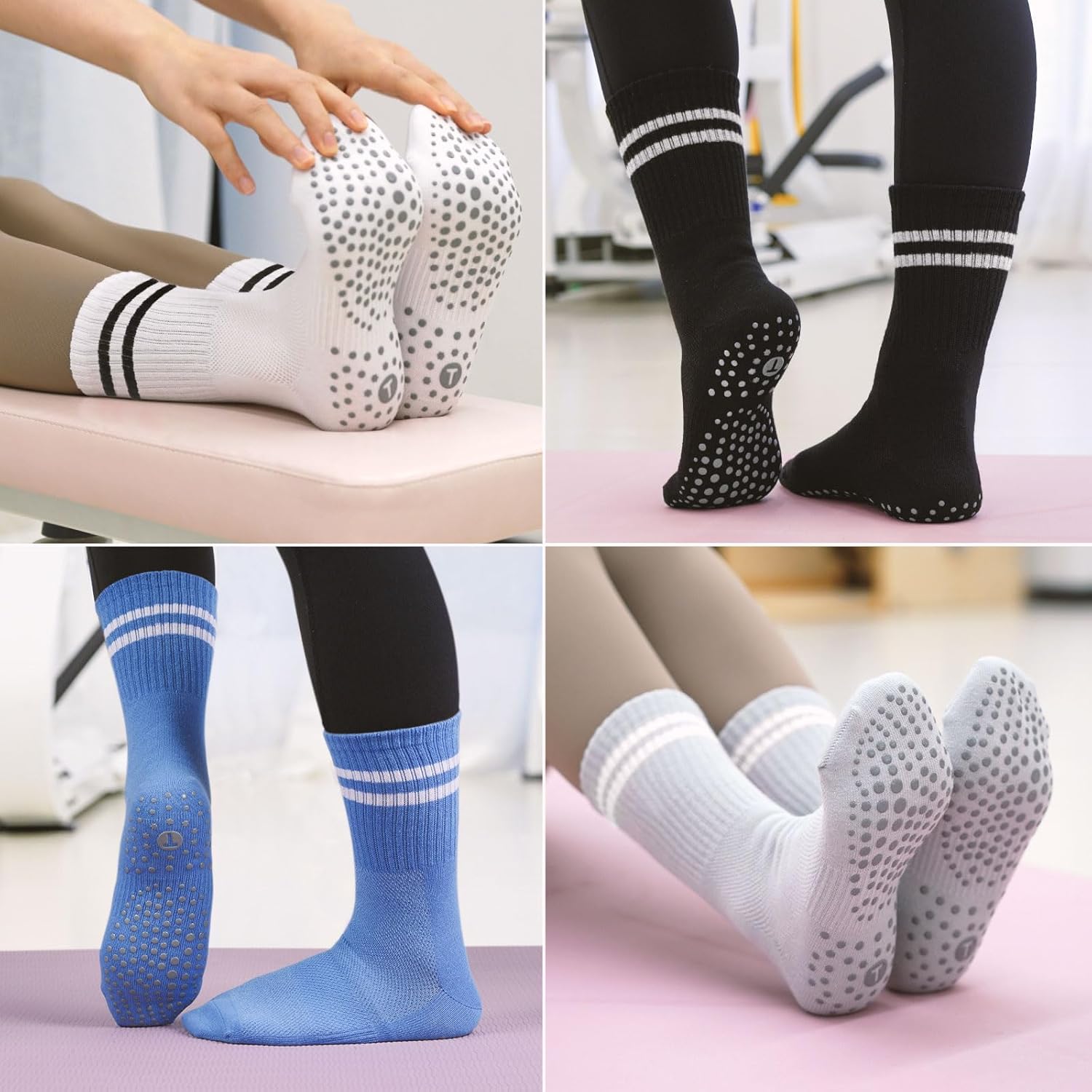 Toes Home 女式普拉提袜带防滑抓手,瑜伽船员袜适用于巴雷医院粘性拖鞋袜 4 双装