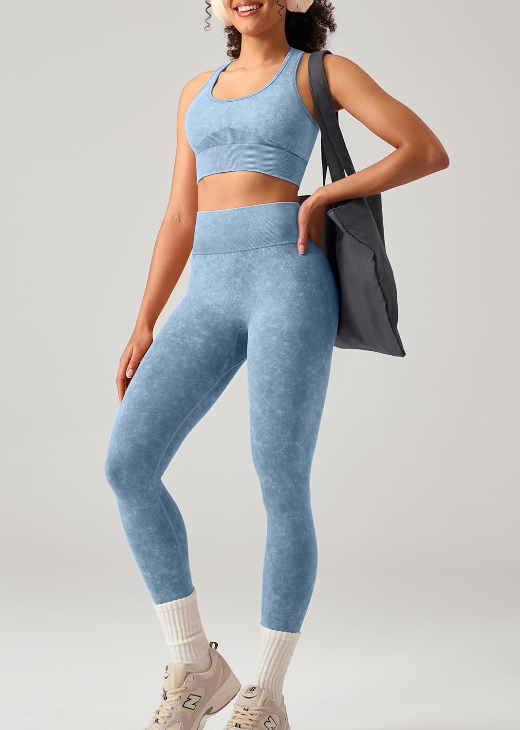 OLCHEE 女式锻炼套装 2 件套 - 酸洗无缝瑜伽服高腰打底裤加垫工字背心运动文胸健身房套装