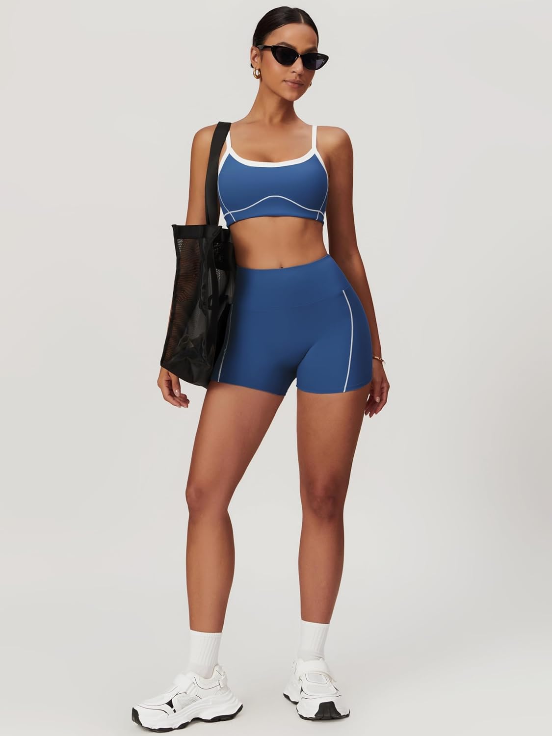 两件套女式锻炼套装拼色运动文胸和提臀短裤健身房瑜伽运动服装