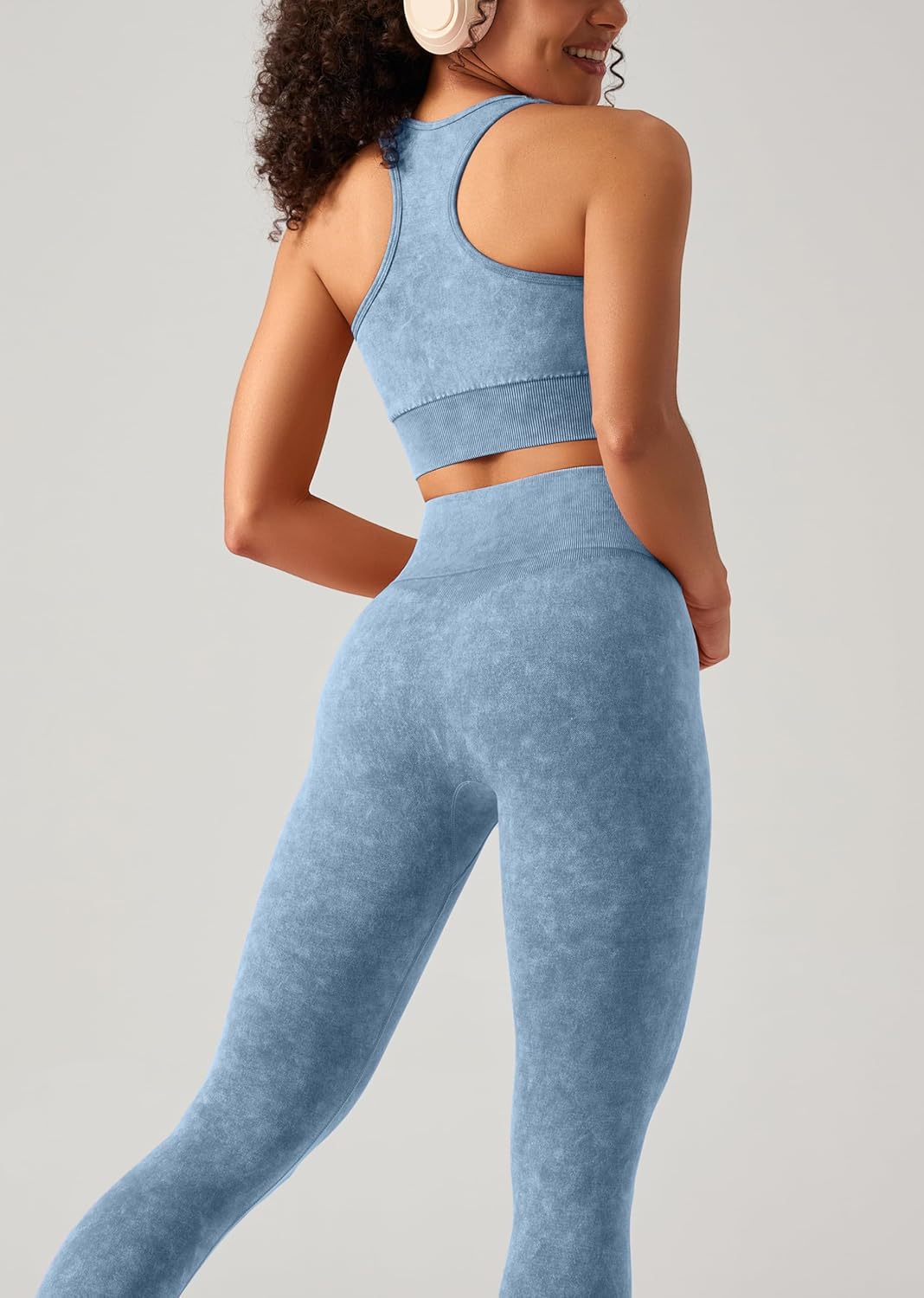 OLCHEE 女式锻炼套装 2 件套 - 酸洗无缝瑜伽服高腰打底裤加垫工字背心运动文胸健身房套装