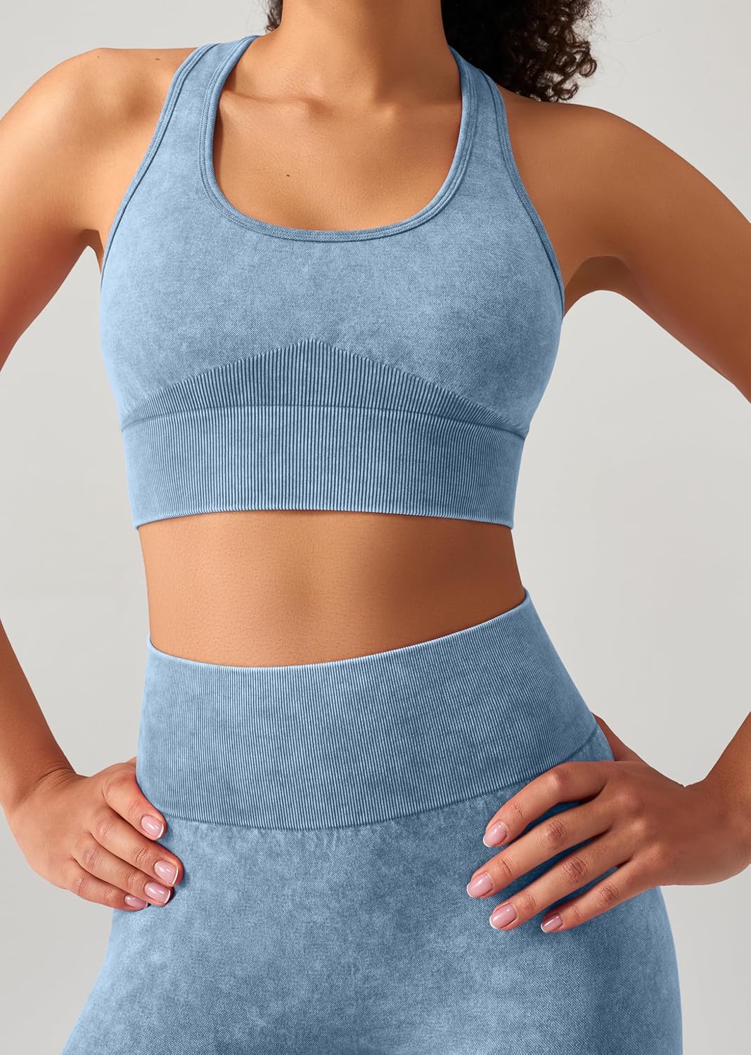 OLCHEE 女式锻炼套装 2 件套 - 酸洗无缝瑜伽服高腰打底裤加垫工字背心运动文胸健身房套装